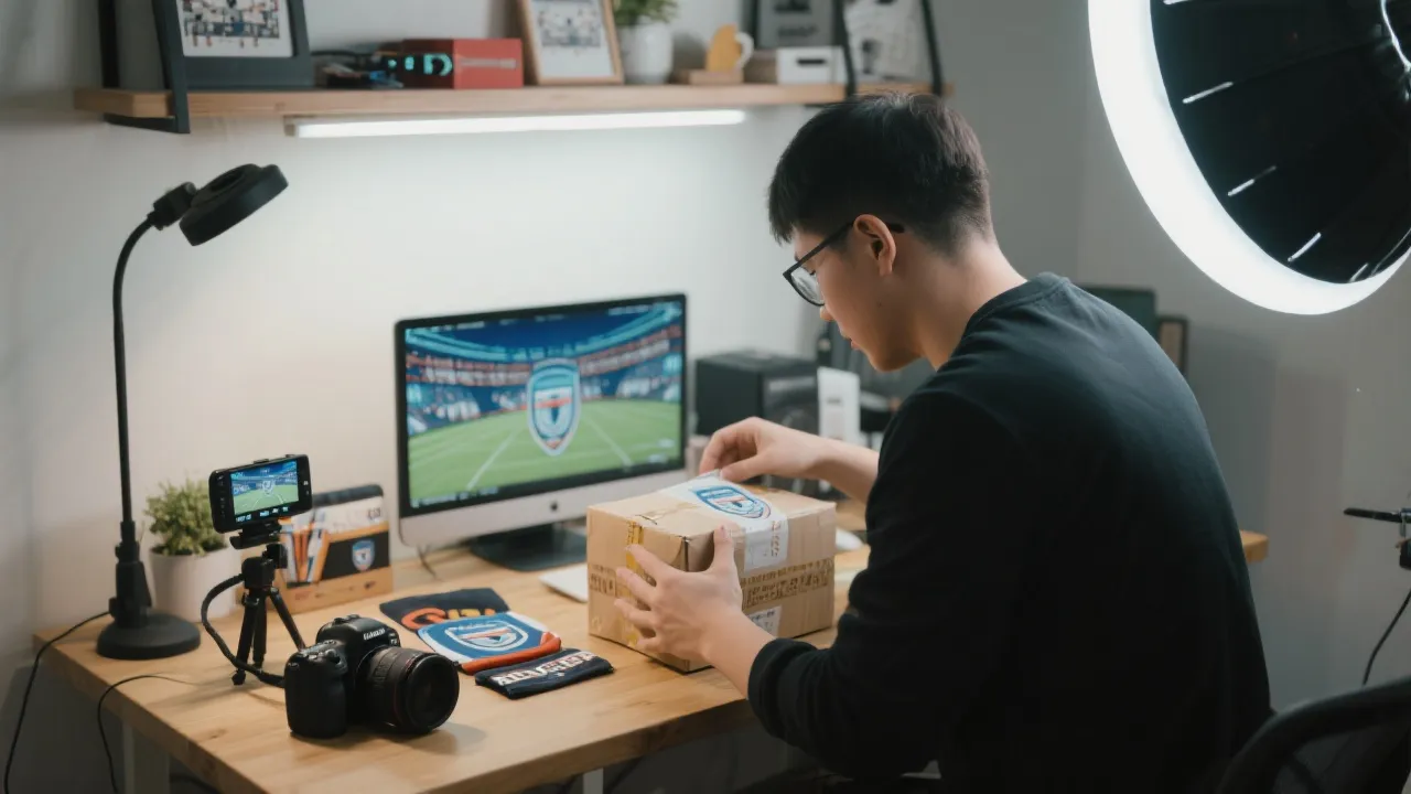 中小商家在工作台上制作观赛周边套装并拍摄短视频的场景