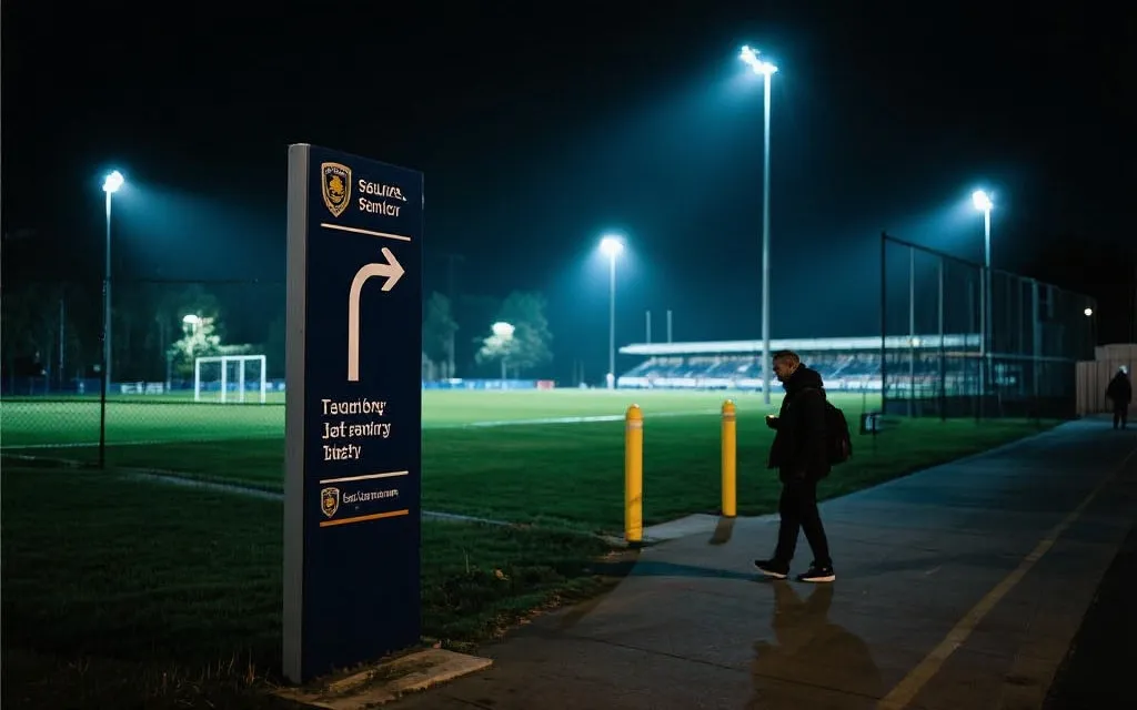 夜晚球场外的安保与指示牌，旅行者在灯光下查看手机与路线，强调冷静求助与安全动线