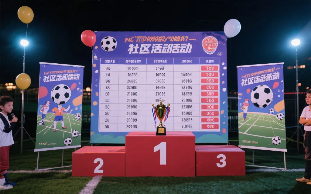 梦幻足球活动海报风格画面：积分榜与小型颁奖仪式，温暖的社区氛围
