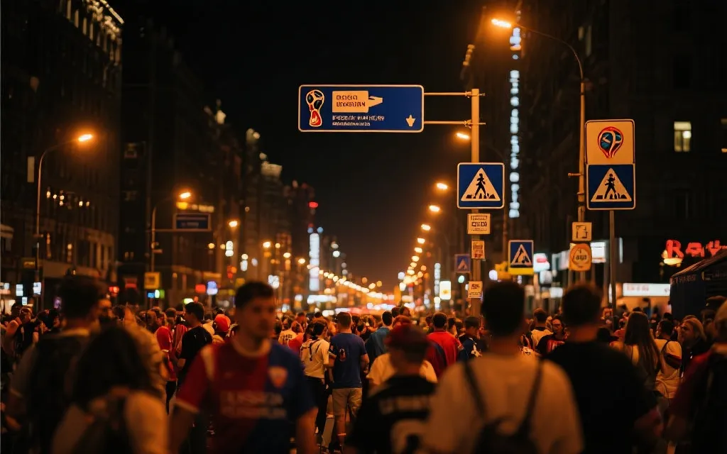 世界杯期间城市街区夜景与球迷步行人流